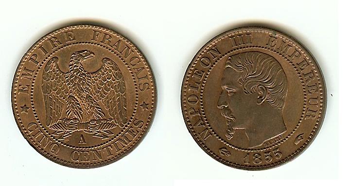 Cinq centimes Napoléon III, tête nue 1855 Paris FDC-